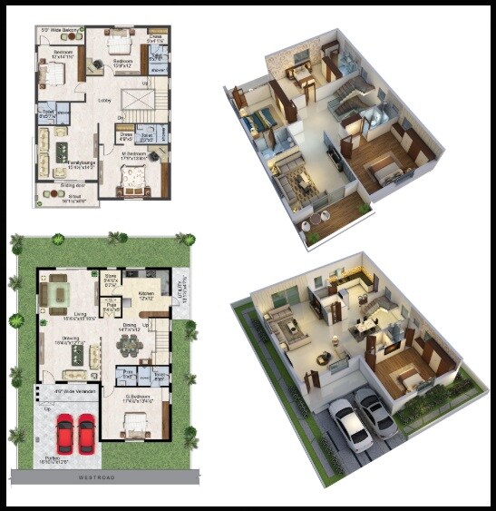 Floor plan of 3 BHK 2487 Sq. Ft. Villa in Prime Grandeur, Vijayawada