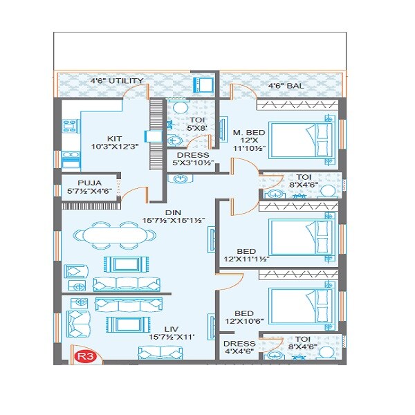 Floor plan of 3 BHK 1830 Sq. Ft. Apartment in Prime Hill Crest, Vijayawada