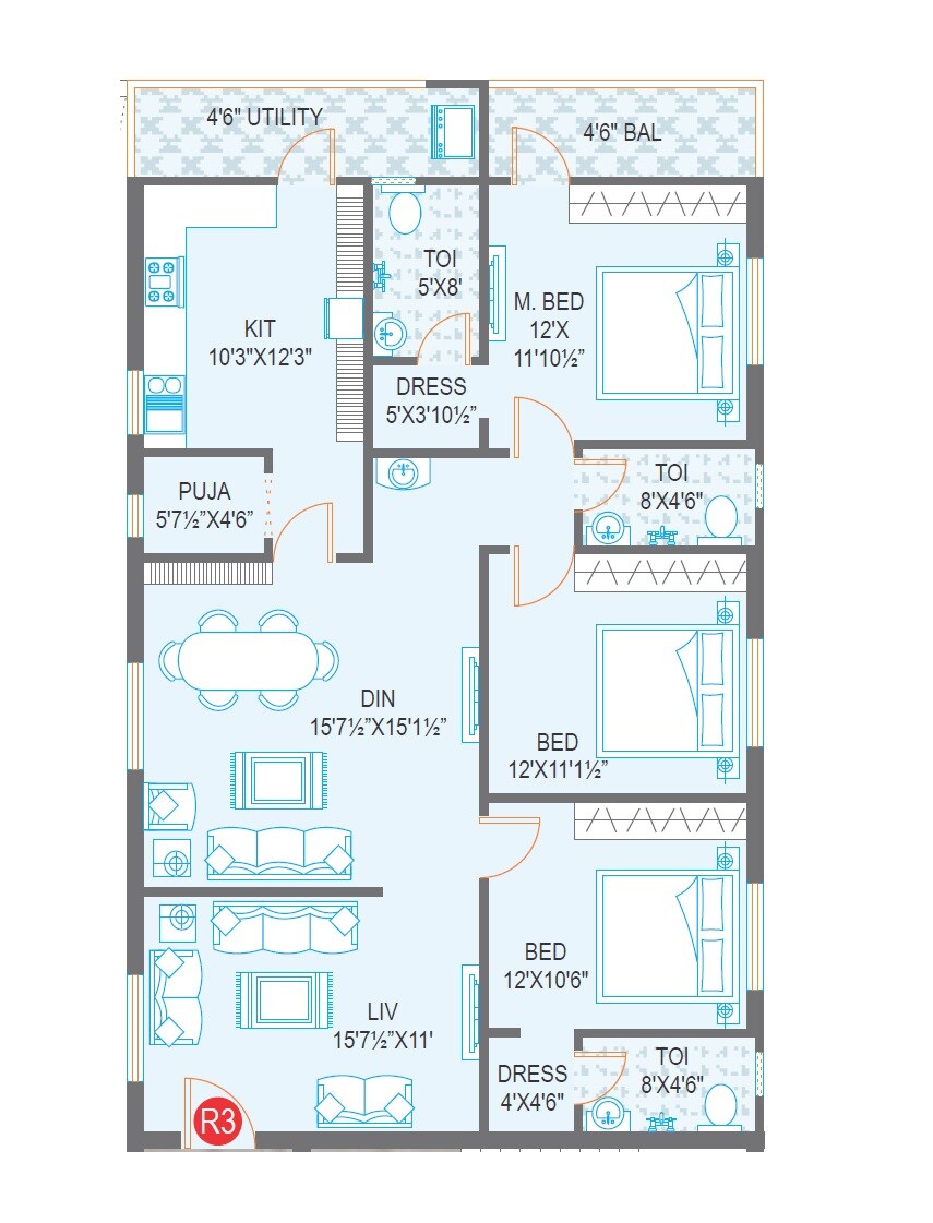 Floor plan of 3 BHK 1875 Sq. Ft. Apartment in Prime Hill Crest, Vijayawada