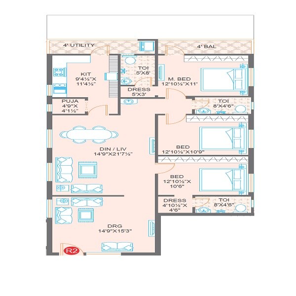 Floor plan of 3 BHK 1985 Sq. Ft. Apartment in Prime Hill Crest, Vijayawada