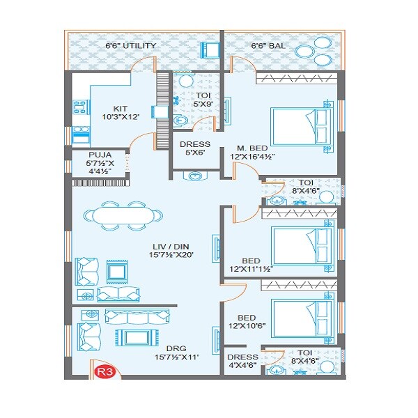 Floor plan of 3 BHK 2030 Sq. Ft. Apartment in Prime Hill Crest, Vijayawada