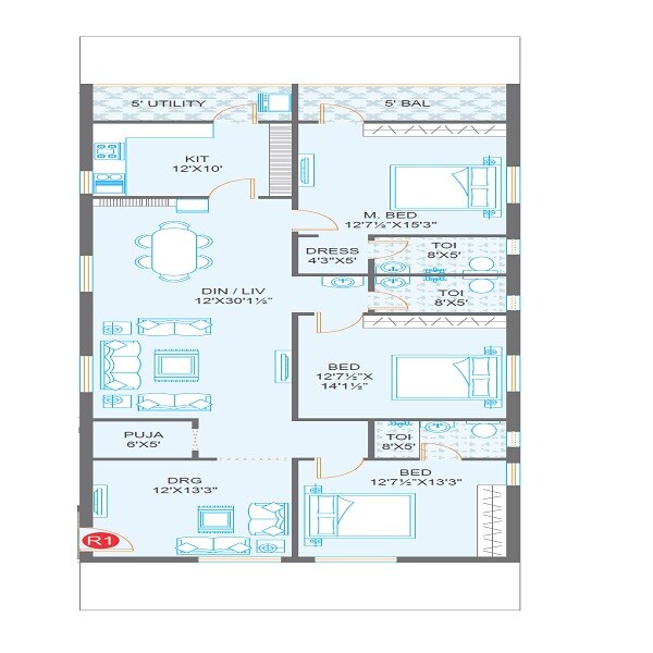 Floor plan of 3 BHK 2175 Sq. Ft. Apartment in Prime Hill Crest, Vijayawada