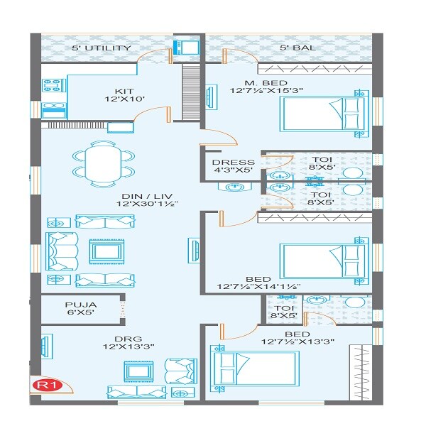 Floor plan of 3 BHK 2225 Sq. Ft. Apartment in Prime Hill Crest, Vijayawada