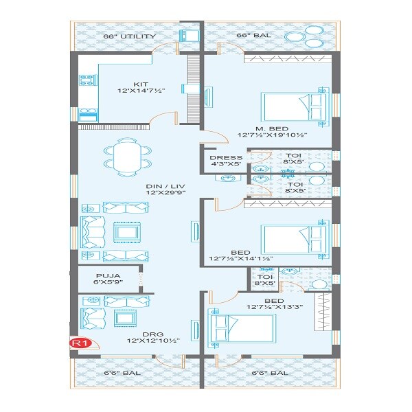 Floor plan of 3 BHK 2605 Sq. Ft. Apartment in Prime Hill Crest, Vijayawada