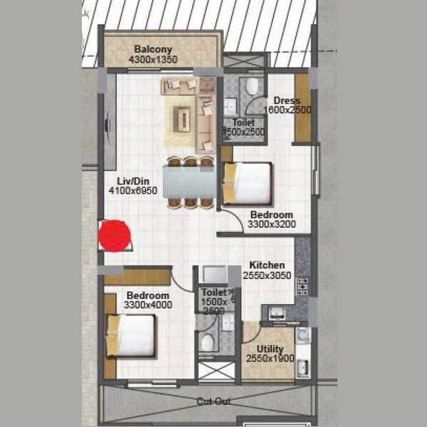 Floor plan of 2 BHK 1456 Sq. Ft. Apartment in Prime Living Shantiniketan, Vijayawada