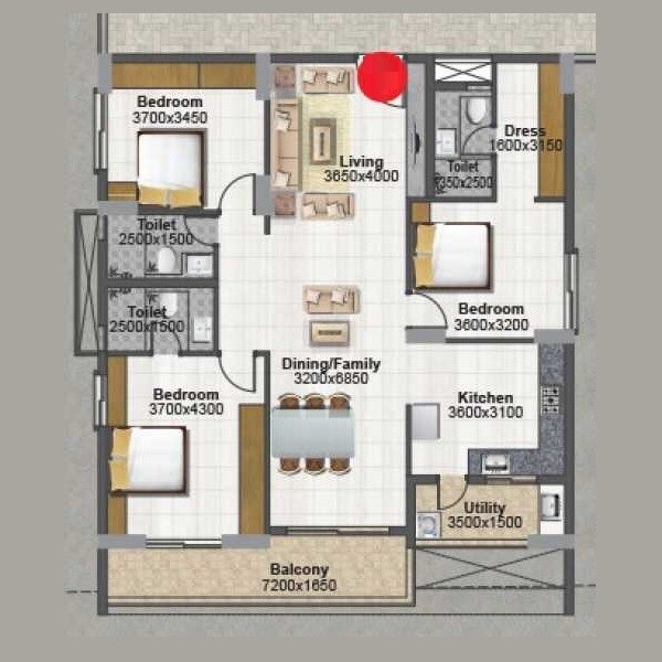 Floor plan of 3 BHK 1992 Sq. Ft. Apartment in Prime Living Shantiniketan, Vijayawada