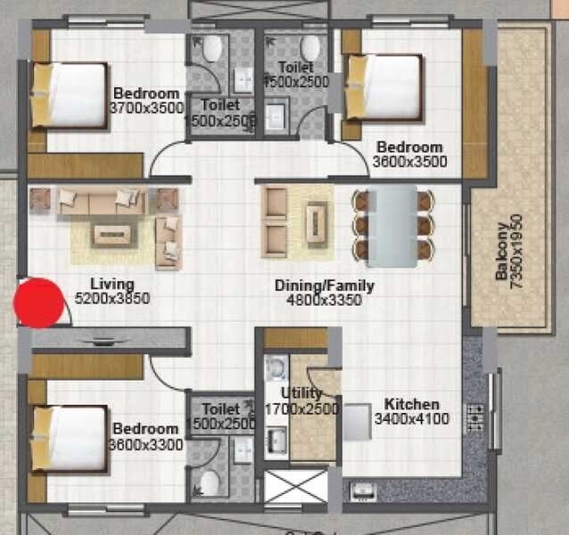 Floor plan of 3 BHK 2004 Sq. Ft. Apartment in Prime Living Shantiniketan, Vijayawada