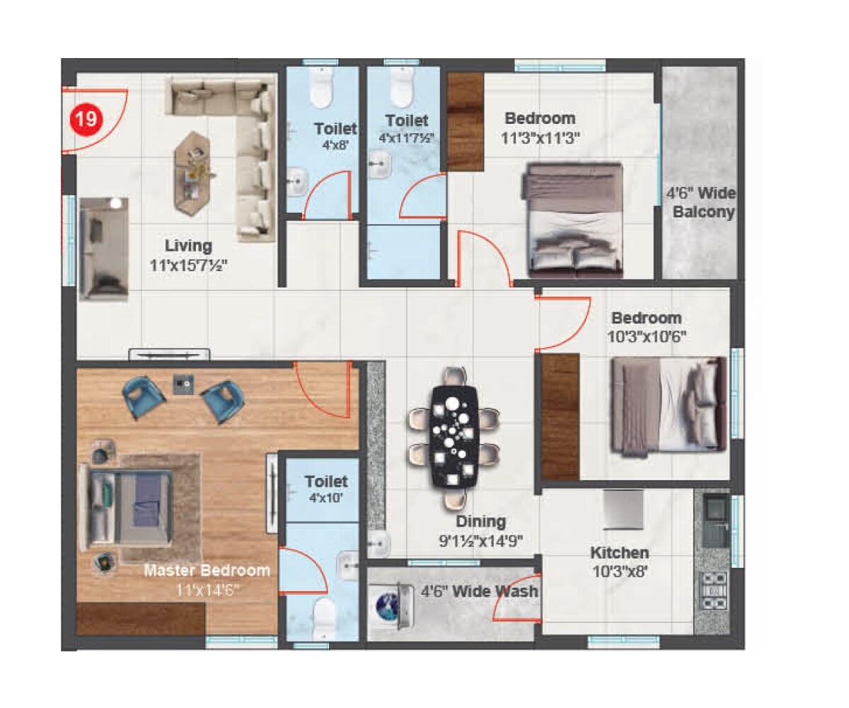 Floor plan of 3 BHK Apartment - 1629 sq. ft. in PVR Grand, Vijayawada