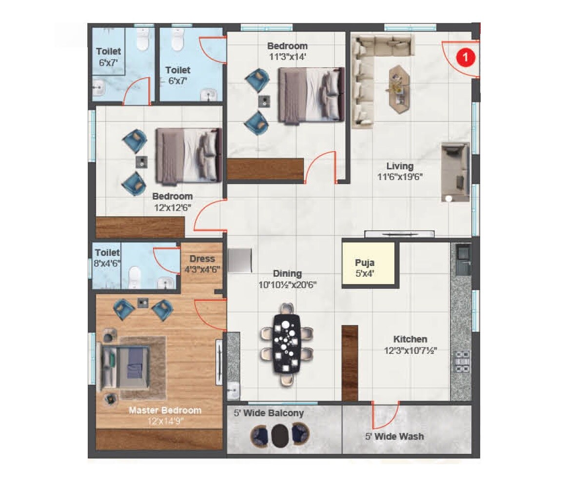 Floor plan of 3 BHK Apartment - 2214 sq. ft. in PVR Grand, Vijayawada