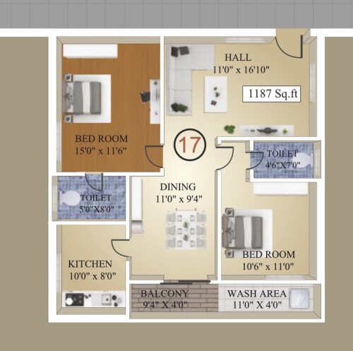 Floor plan of 2 BHK Apartment - 707 sq. ft. in PVR Icon, Vijayawada