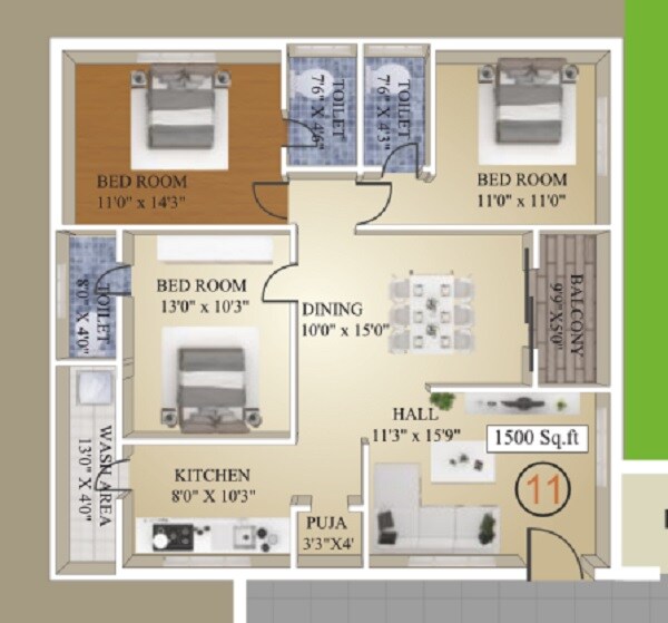 3 BHK 1500 Sq. Ft. Apartment