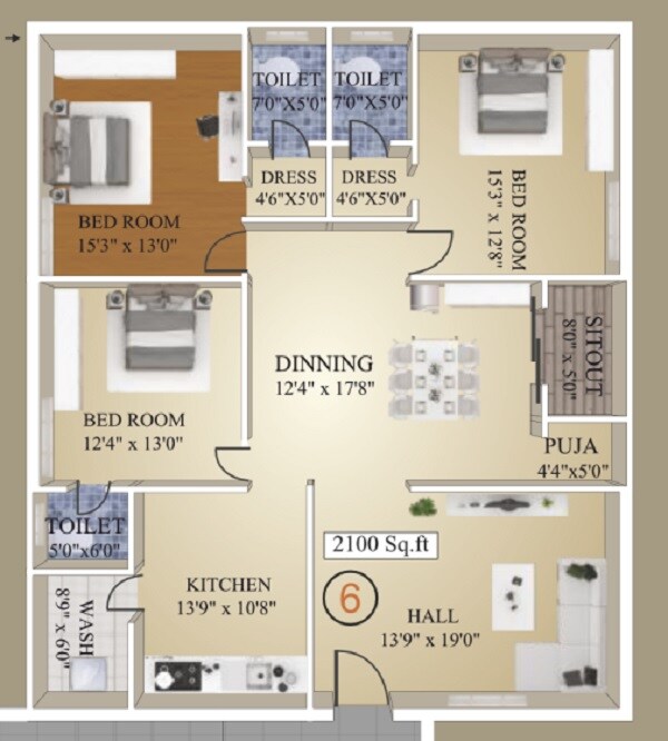 Floor plan of 3 BHK Apartment - 1232 sq. ft. in PVR Icon, Vijayawada