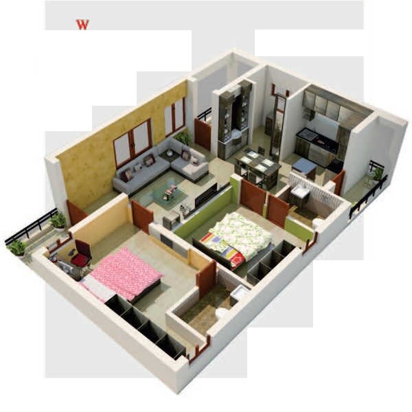 Floor plan of 2 BHK 987 Sq. Ft. Apartment in Raghava Vijayram Vihar Apartment, Vijayawada
