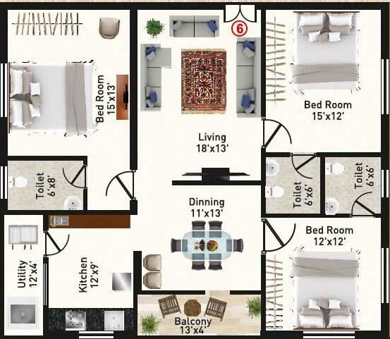 Floor plan of 3 BHK 1092 Sq. Ft. Apartment in Rainbow NM Square, Vijayawada