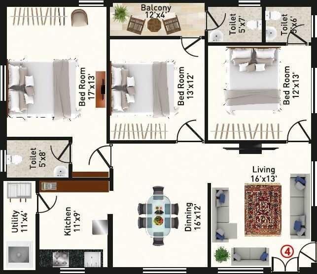 Floor plan of 3 BHK 1265 Sq. Ft. Apartment in Rainbow NM Square, Vijayawada