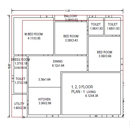 Floor plan of 3 BHK 1849 Sq. Ft. Apartment in Rainbow Venkatadri Krishna Towers, Vijayawada
