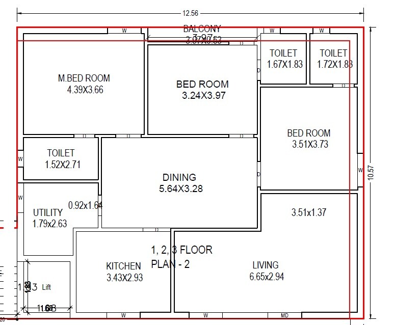 Floor plan of 3 BHK 2261 Sq. Ft. Apartment in Rainbow Venkatadri Krishna Towers, Vijayawada