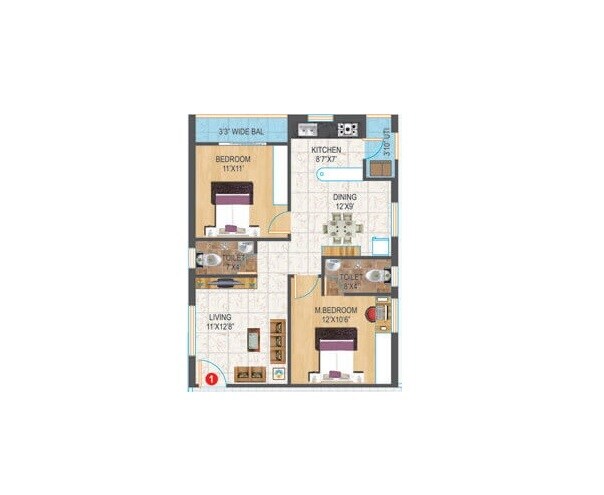 Floor plan of 2 BHK 1000 Sq. Ft. Apartment in Raki Avenues Chandrika Ayodhyaa, Vijayawada