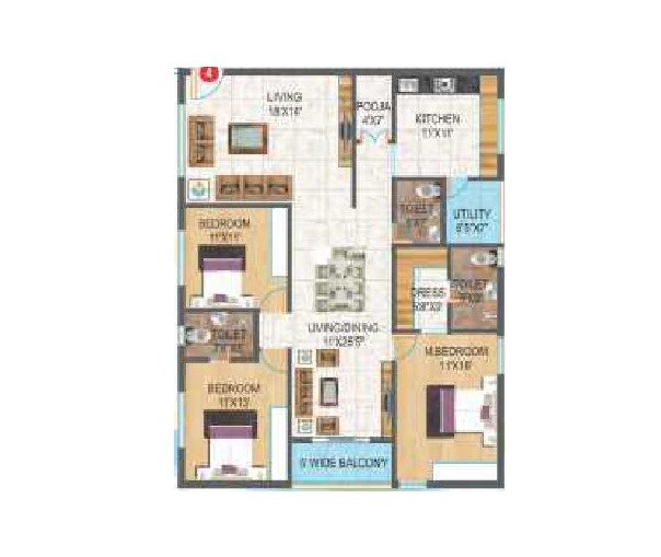 Floor plan of 3 BHK 1400 Sq. Ft. Apartment in Raki Avenues Chandrika Ayodhyaa, Vijayawada