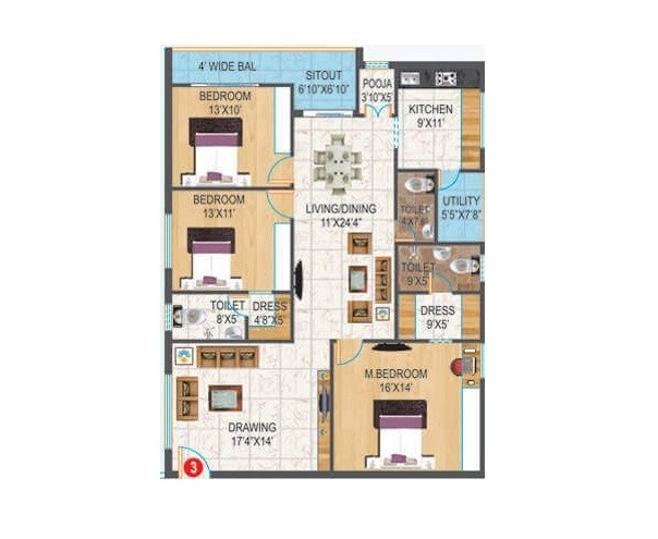 Floor plan of 3 BHK 1600 Sq. Ft. Apartment in Raki Avenues Chandrika Ayodhyaa, Vijayawada