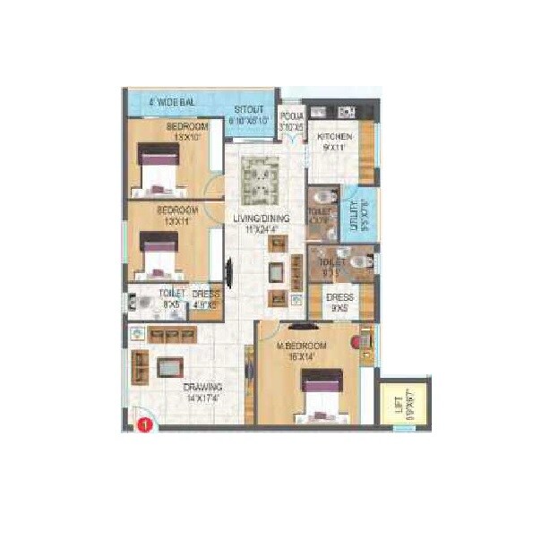 Floor plan of 3 BHK 2000 Sq. Ft. Apartment in Raki Avenues Chandrika Ayodhyaa, Vijayawada