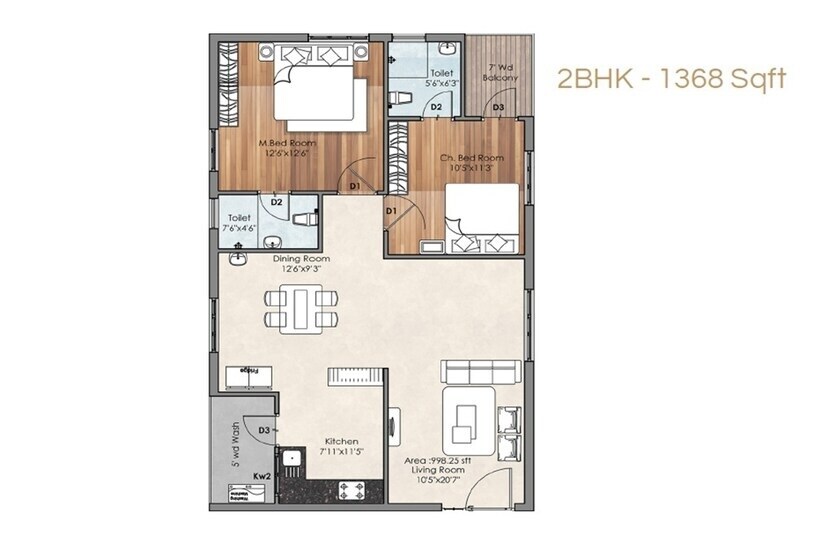 Floor plan of 2 BHK 1368 Sq. Ft. Apartment in RG Euphoria, Vijayawada