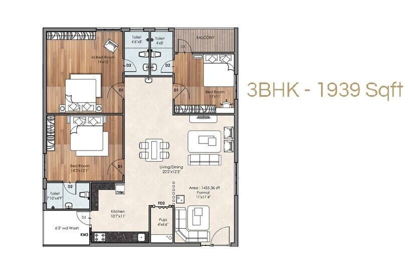 Floor plan of 3 BHK 1939 Sq. Ft. Apartment in RG Euphoria, Vijayawada