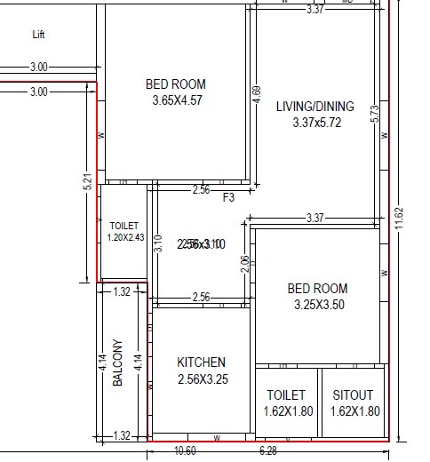 Floor plan of 2 BHK 1226 Sq. Ft. Apartment in RM MSR Vignesh Heights, Vijayawada