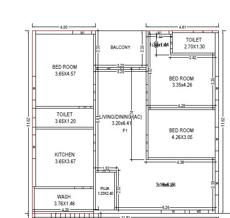 Floor plan of 3 BHK 1860 Sq. Ft. Apartment in RM MSR Vignesh Heights, Vijayawada