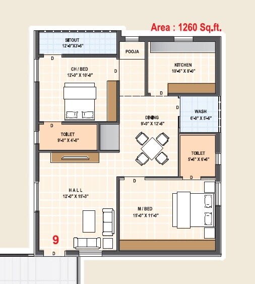 Floor plan of 2 BHK 1260 Sq. Ft. Apartment in Sai Bharathi Capital Edge, Vijayawada