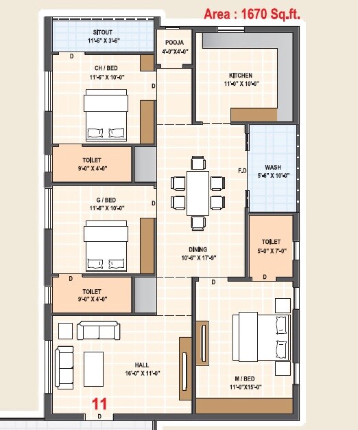 Floor plan of 3 BHK 1670 Sq. Ft. Apartment in Sai Bharathi Capital Edge, Vijayawada