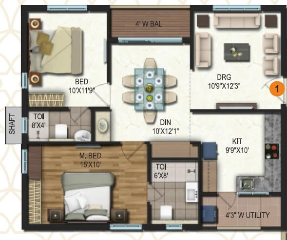 Floor plan of 2 BHK 801 Sq. Ft. Apartment in Samhita Splendid Homes, Vijayawada