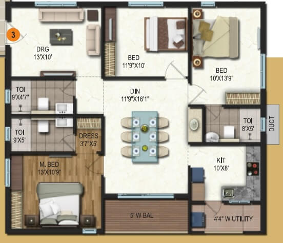 Floor plan of 3 BHK 1066 Sq. Ft. Apartment in Samhita Splendid Homes, Vijayawada