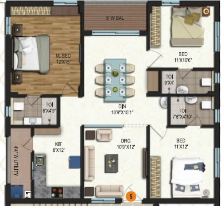 Floor plan of 3 BHK 1074 Sq. Ft. Apartment in Samhita Splendid Homes, Vijayawada