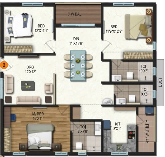 Floor plan of 3 BHK 1190 Sq. Ft. Apartment in Samhita Splendid Homes, Vijayawada