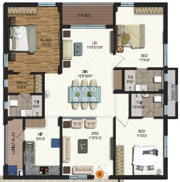 Floor plan of 3 BHK 1315 Sq. Ft. Apartment in Samhita Splendid Homes, Vijayawada