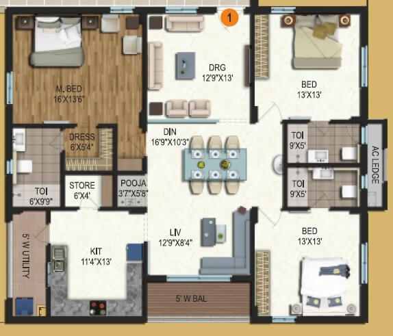 Floor plan of 3 BHK 1517 Sq. Ft. Apartment in Samhita Splendid Homes, Vijayawada