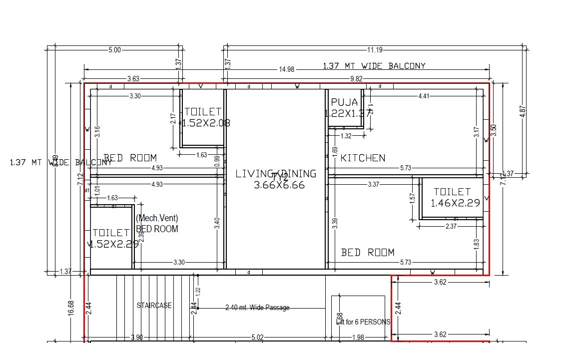 Floor plan of 3 BHK 1221 Sq. Ft. Apartment in Siddhi Vindhya Residency, Vijayawada