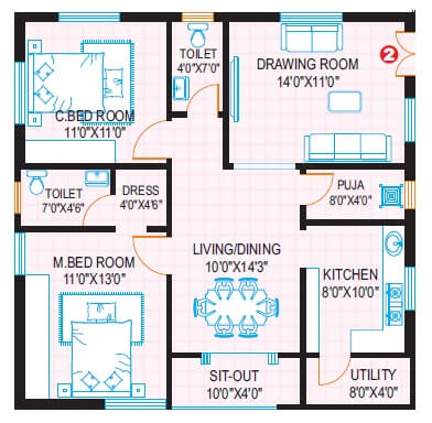 Floor plan of 2 BHK 1248 Sq. Ft. Apartment in Siva Towers, Vijayawada