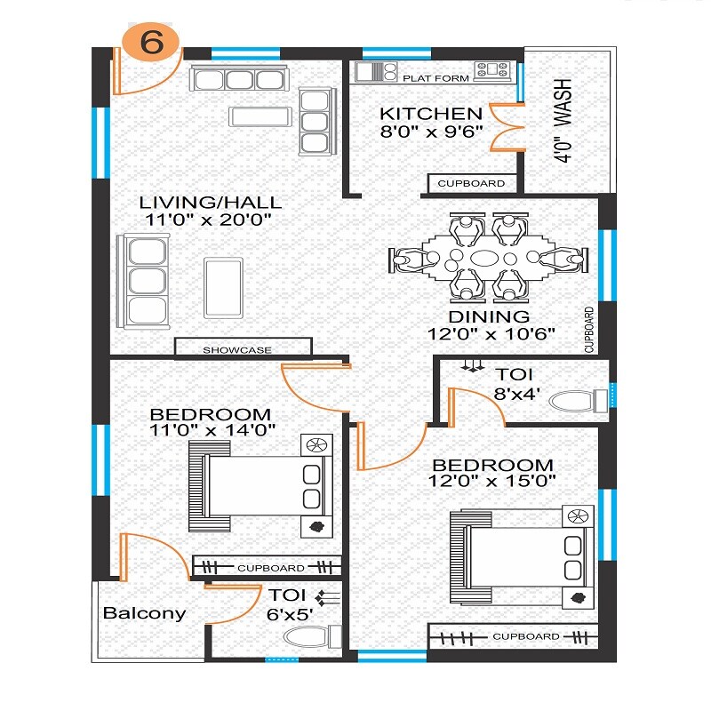 Floor plan of 2 BHK 900 Sq. Ft. Apartment in Sivasai Vadlamudi Castle, Vijayawada