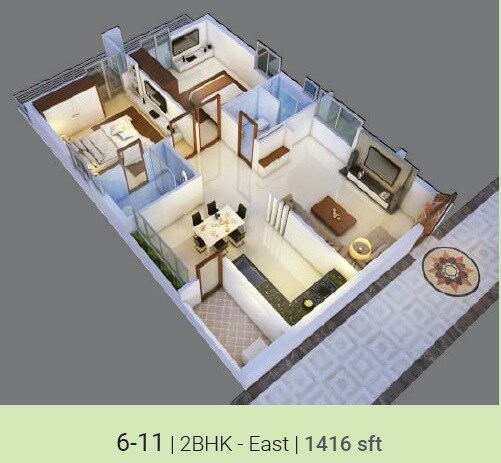 Floor plan of 2 BHK 1416 Sq. Ft. Apartment in SK The Park Vue, Vijayawada