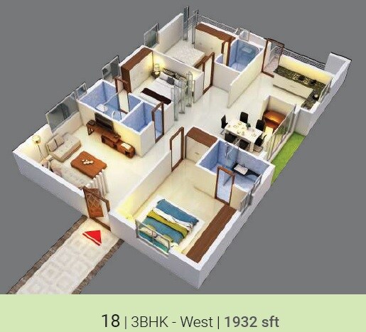 Floor plan of 3 BHK 1932 Sq. Ft. Apartment in SK The Park Vue, Vijayawada