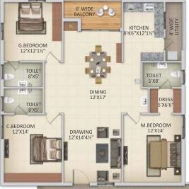 Floor plan of 3 BHK 1850 Sq. Ft. Apartment in SLV Amaravathi Grand, Vijayawada