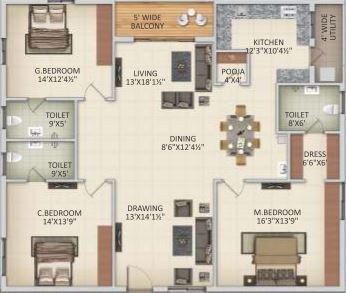 Floor plan of 3 BHK 2200 Sq. Ft. Apartment in SLV Amaravathi Grand, Vijayawada