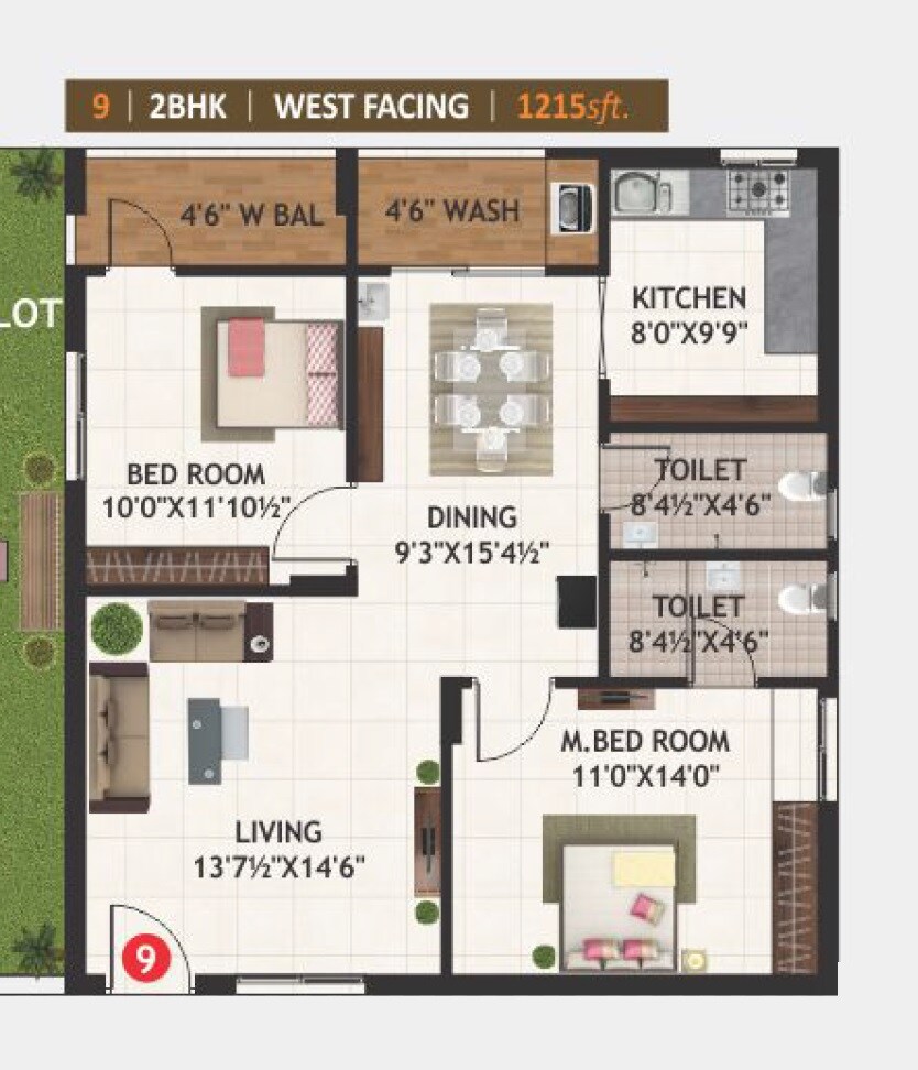 Floor plan of 2 BHK 1215 Sq. Ft. Apartment in SLV Amaravathi Pride, Vijayawada