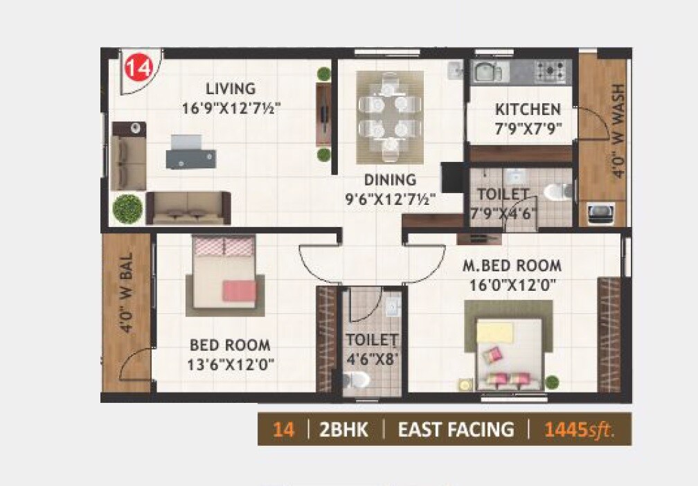 Floor plan of 2 BHK 1445 Sq. Ft. Apartment in SLV Amaravathi Pride, Vijayawada