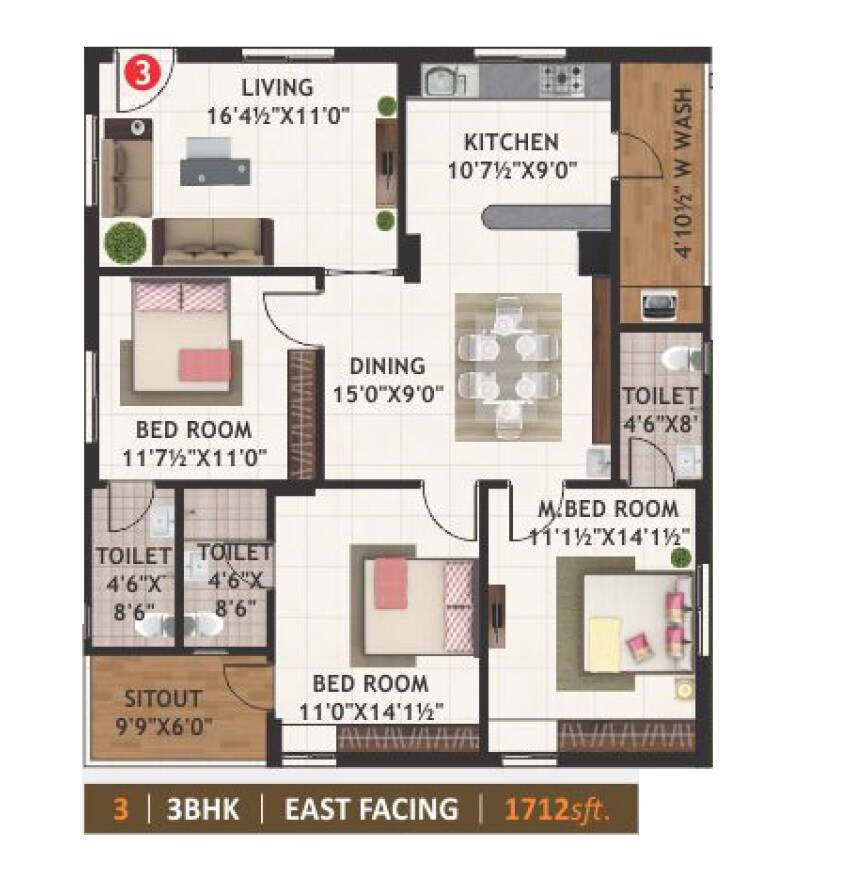 Floor plan of 3 BHK 1712 Sq. Ft. Apartment in SLV Amaravathi Pride, Vijayawada