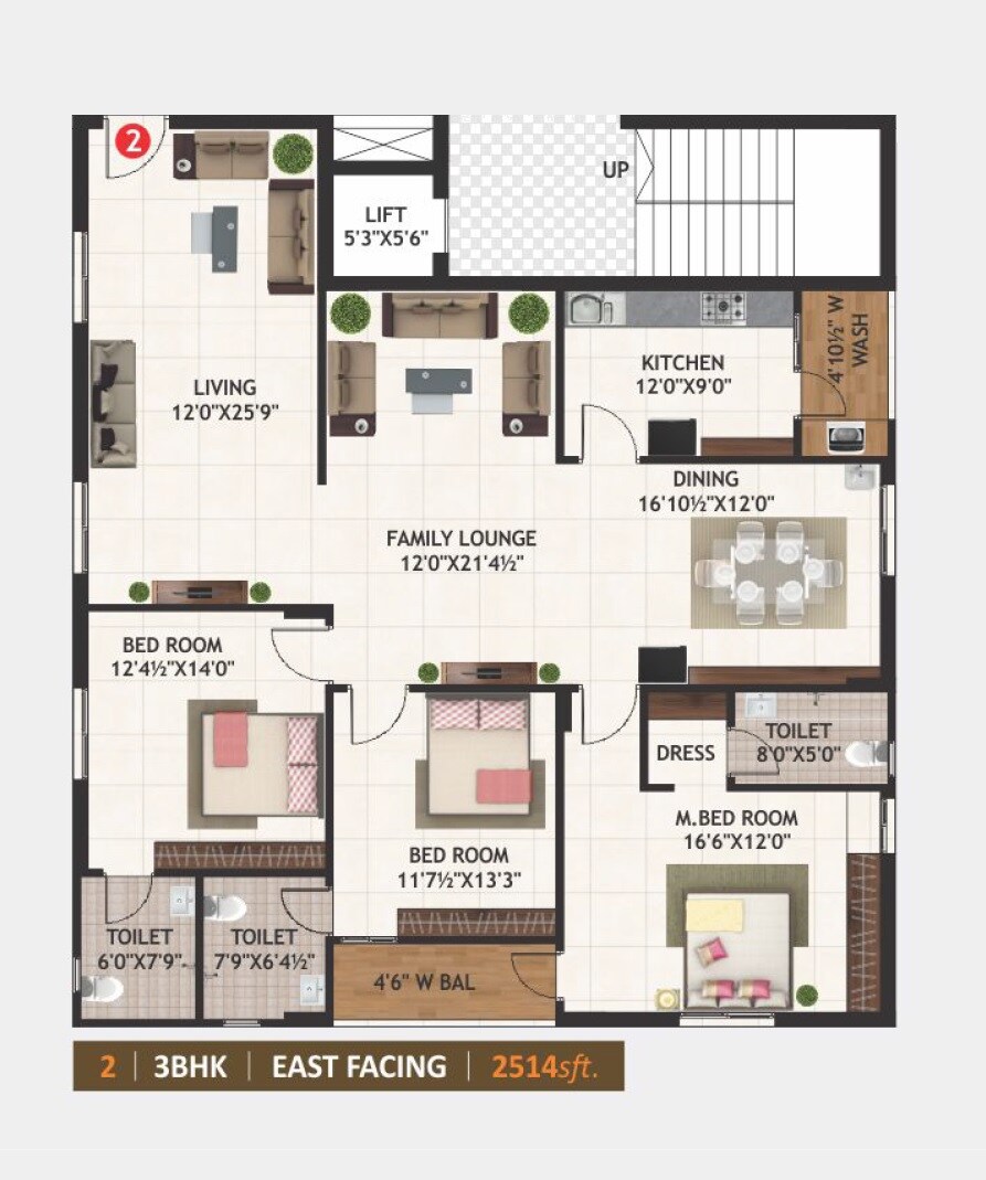 Floor plan of 3 BHK 2514 Sq. Ft. Apartment in SLV Amaravathi Pride, Vijayawada