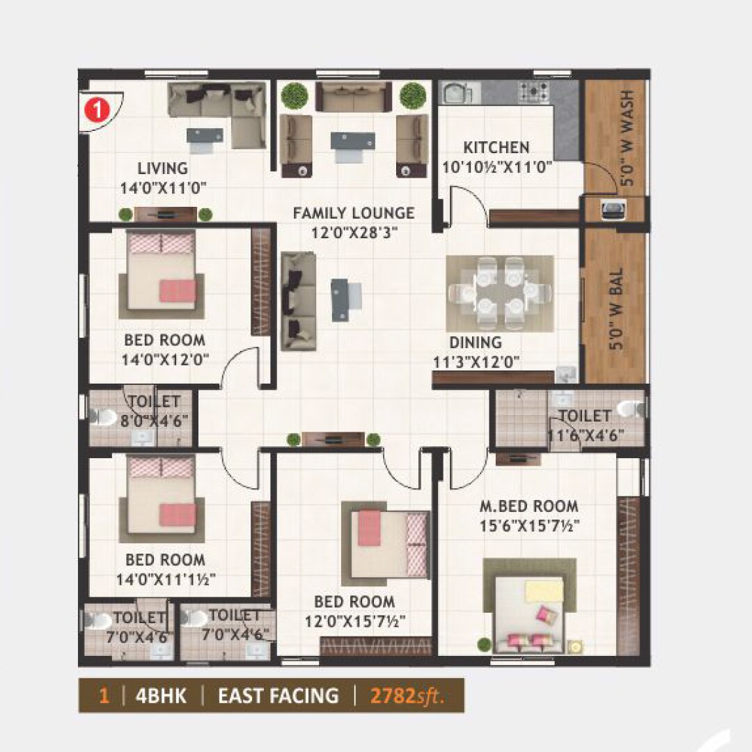 Floor plan of 4 BHK 2782 Sq. Ft. Apartment in SLV Amaravathi Pride, Vijayawada