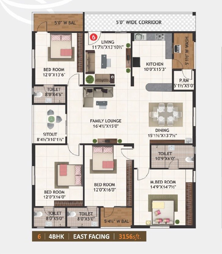 Floor plan of 4 BHK 3156 Sq. Ft. Apartment in SLV Amaravathi Pride, Vijayawada